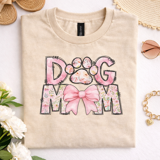 Dog Mom Floral Bow Graphic Tee | Cute Puppy Paw Shirt for Dog Lovers